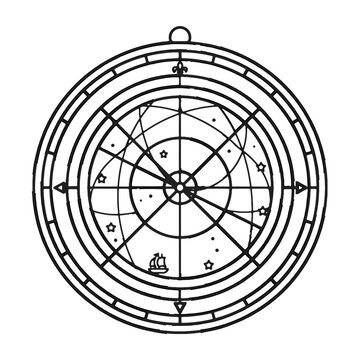 Ancient maritime navigation astrolabe with stars and sailing ship