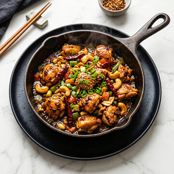 Delicious stir-fried kung pao chicken with cashews and chili served in a cast iron skillet.