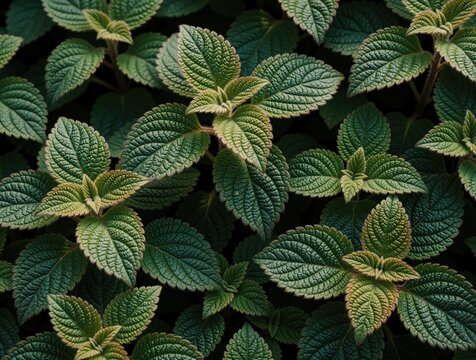 Close up view of green plectranthus leaves in garden. Plant texture with detailed veins, serrated edges. Natural foliage pattern grows densely in autumn season. Fresh organic green plants provides