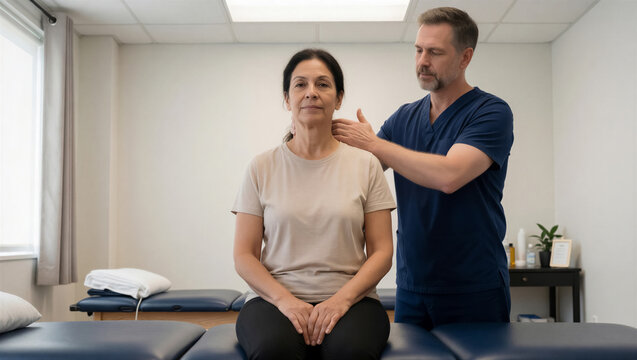 A male physiotherapist examines a mature female patient in a clinic. The professional chiropractor treats her neck pain during a rehabilitation session