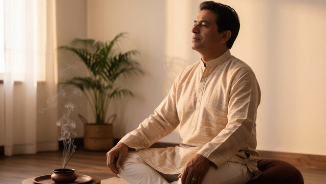 A mature Indian man meditates in a peaceful living room. He sits cross-legged near a smoking incense burner. Peaceful lifestyle and wellness concept