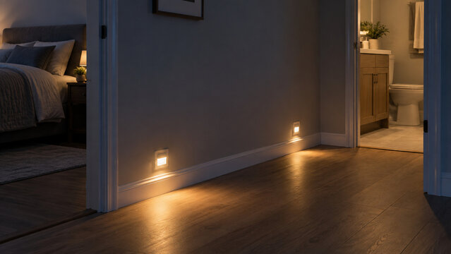 Low level lighting along a bedroom to bathroom path