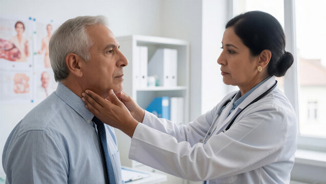A female doctor performs a thorough medical exam on a senior male patient's neck during a healthcare consultation. This professional checkup ensures patient wellness and disease prevention