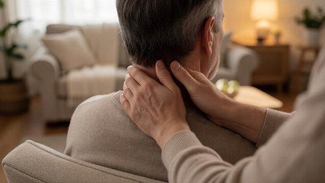 Close-up of caring hands providing gentle massage and relief to an elderly man's neck. A tranquil moment of support and health in a home environment