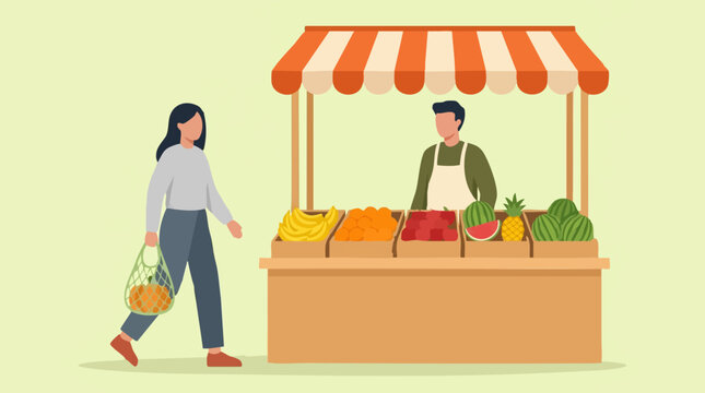 Woman with mesh bag shopping at a vibrant outdoor fruit market stall