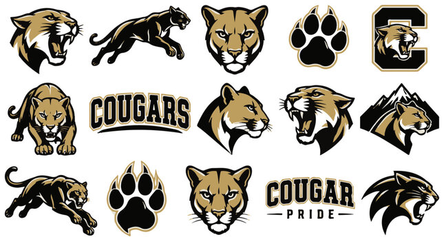 Set of Cougar and Mountain Lion Mascot Illustrations for Sports Teams