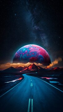Winding road leading to a colorful gas giant planet over volcanic mountains. Surreal space landscape with a starry night sky and the milky way
