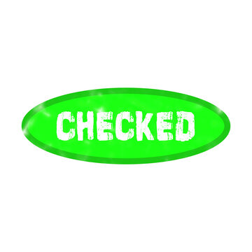 Bright green oval button with the word checked written in white text for user interface and web design