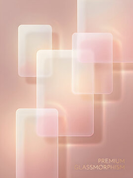 Floating frosted glass rectangles on a soft rose gold background with glass morphism abstract background translucent