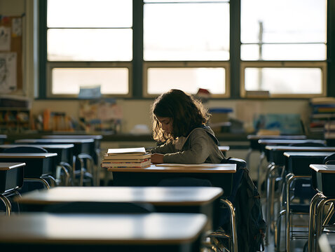 Student looks stressed while studying in a classroom filled with empty desks and sunlight streaming through the windows