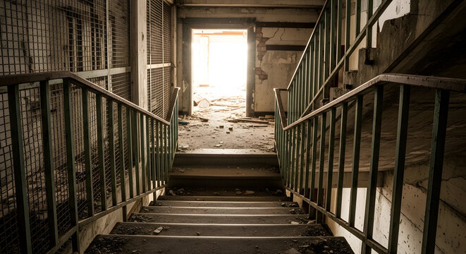 Dark abandoned staircase leading toward bright light in open doorway
