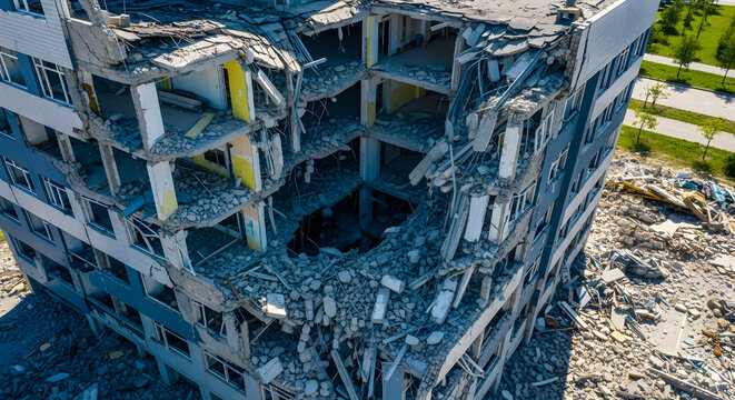 Damaged modern apartment building with large hole from urban explosion