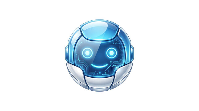 Futuristic blue robot head icon, 3D glossy android character face, metallic artificial intelligence bot for tech interface