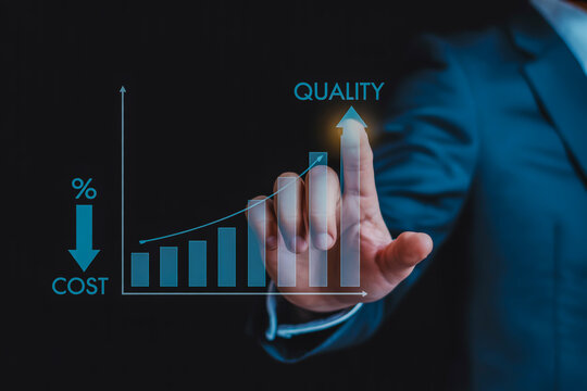 Businessman interacts with a virtual graph showing cost and quality changes.