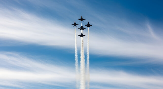 Military jet planes flying in formation with white smoke trails