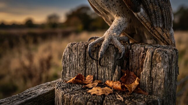 Sharp owl talons perched on rustic wooden post, predatory bird claws close up, wildlife hunting concept in autumn field
