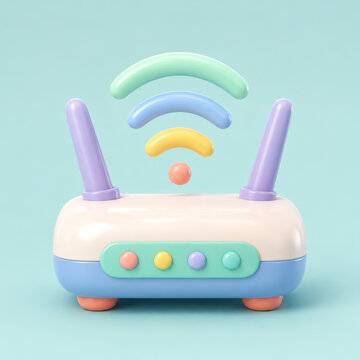 Wireless router with colorful buttons and antennas, emitting signal waves in pastel tones, symbolizing connectivity and technology
