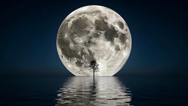 Full moon rising over water with lone tree silhouette. Giant celestial body reflecting on calm ocean surface under starry night sky. Surreal landscape photo