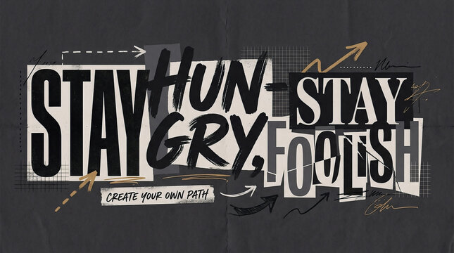 Creative typography design featuring the motivational phrase Stay Hungry Stay Foolish with bold hand-drawn lettering elements, suitable for apparel t-shirt prints and wall art.