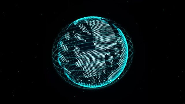 Rotating digital earth globe with glowing blue particles on black background motion clip.