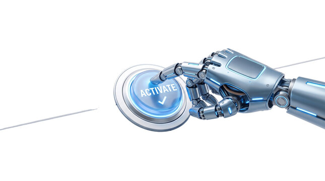 Robotic hand pressing activate button, futuristic cyborg finger touching glowing start switch, artificial intelligence system activation