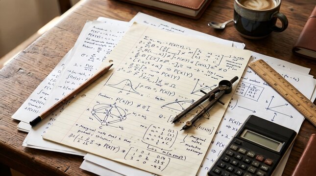 Handwritten mathematical formulas and geometric diagrams on paper with a calculator and compass