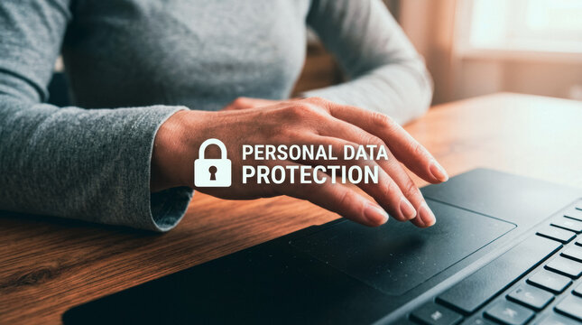 Person using a laptop with a personal data protection icon