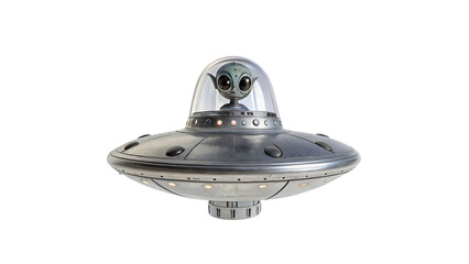 Futuristic classic silver metallic ufo flying saucer spaceship asset isolated on transparent background © Lewis