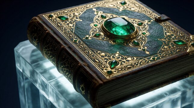 Ornate ancient book with emerald gem on pedestal. Green leather cover has gold patterns. Closed volume implies hidden wisdom and magical secrets.