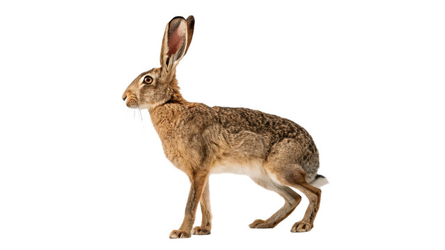 Wild European brown hare rabbit standing alertly side profile view isolated on transparent background