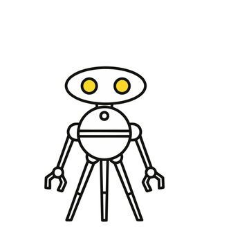 Cartoon robot with yellow eyes and gripper arms
