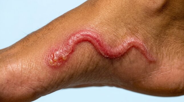 Macro detail of cutaneous larva migrans creeping eruption parasitic hookworm infection under skin on a human foot