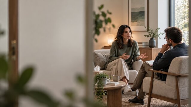 Therapist and Client in Calm Conversation During Mental Health Session