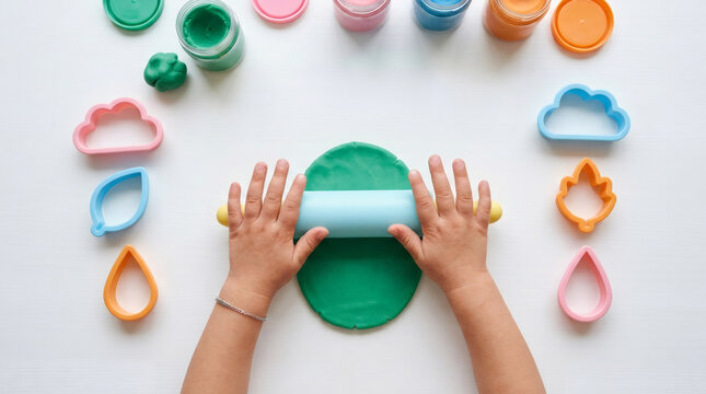 Colorful modeling clay activity for kids, child hands rolling green playdough on white background, creative sensory art play