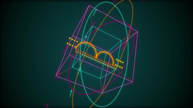 Abstract rotating wireframe cubes with orbiting rings and glowing particles on dark background.