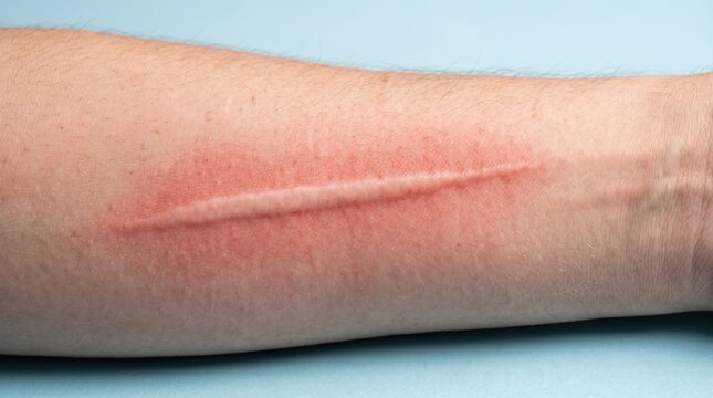 Close-up of a long raised hypertrophic surgical scar or red keloid healing on a human arm