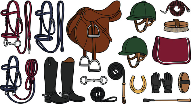 Equestrian equipment and horse riding tack vector icon set with saddle boots helmet and bridle,