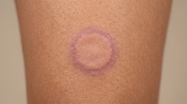 Close-up of a circular red skin rash, tinea corporis ringworm or granuloma annulare lesion