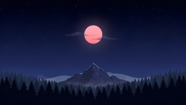 Pixel art night landscape with pink moon. Glowing moon above a central mountain peak and dark evergreen forest. Retro 8-bit style scenery