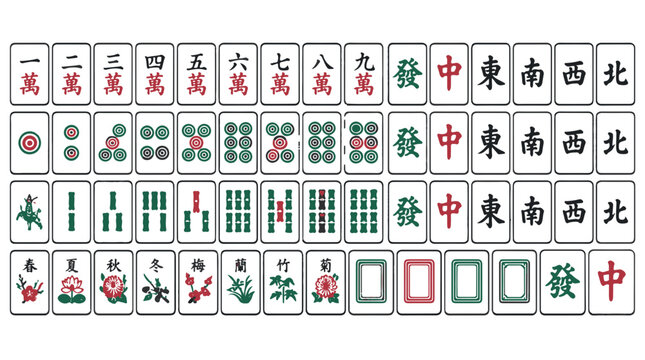 Full Set of Traditional Mahjong Tiles Including Suits Honors and Bonus Tiles in Vector Art