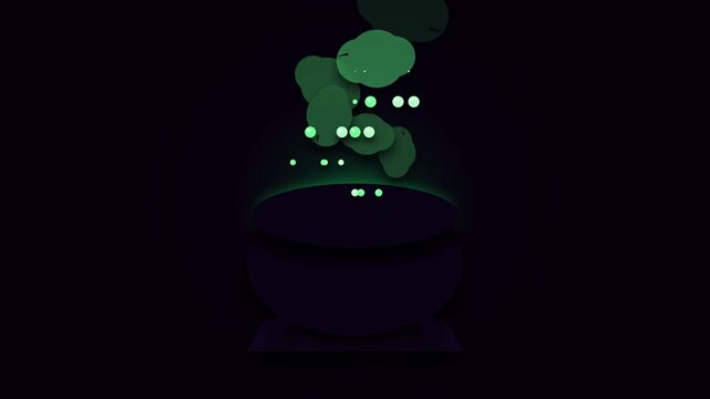 Animated halloween cauldron with glowing green magic potion bubbles