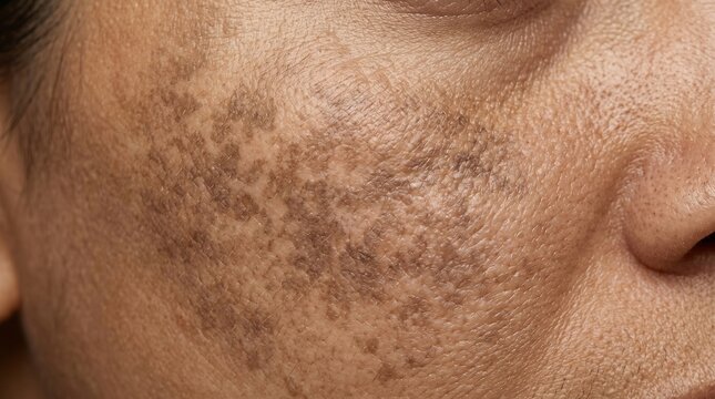 Macro view of severe melasma and dark hyperpigmentation on human facial skin, dermatological condition