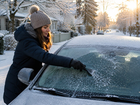 A woman clears frost from a dark grey SUV windshield on a snowy residential street, creating a serene morning atmosphere.