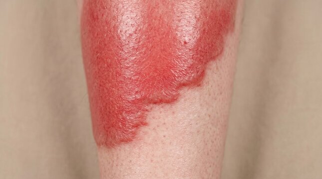 Severe red inflammation and swelling on lower leg, acute cellulitis or erythema skin infection macro