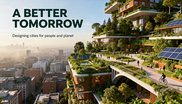 a contemporary city transforming into a greener urban environment with rooftop forests, community gardens, solar installations and pedestrian spaces, under morning light.