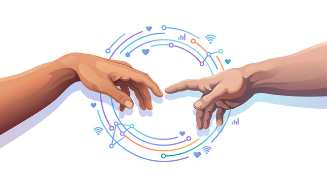 Human Connection and Communication Vector Illustration, Two Hands Touching, Connection Network, Hearts, Communication Symbols and Social Bond Concept