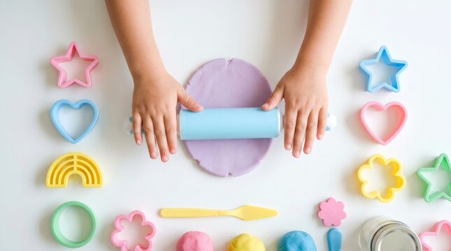 Child hands rolling purple playdough with rolling pin, colorful modeling clay cutters on white background, creative sensory play activity