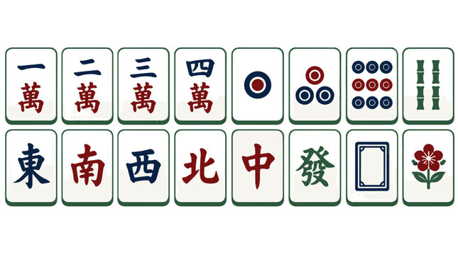 Set of Traditional Mahjong Tiles Featuring Numbered Suits and Symbolic Dragon and Flower Pieces
