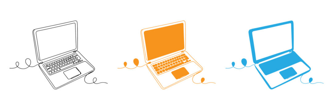 Three colorful laptop computers with cables in a simple modern illustration style
