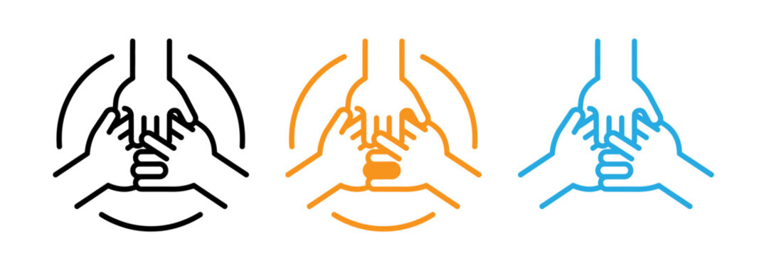 Three stylized illustrations of hands forming a steeple gesture in different colors